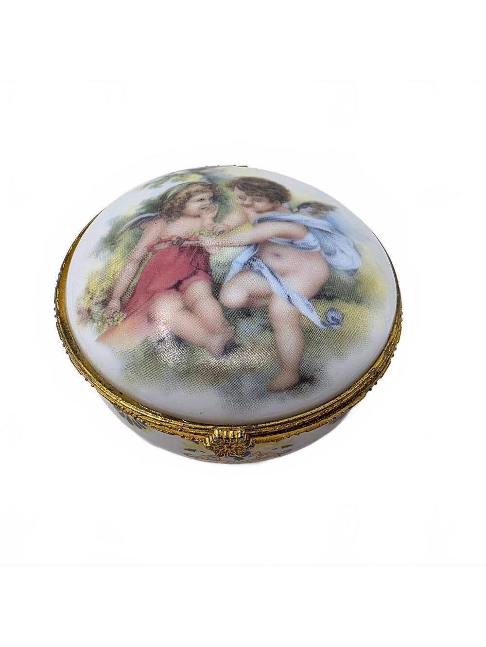 Vintage Porcelain Hinged Trinket Box Pastoral Couple Gold Tone 3 Inch